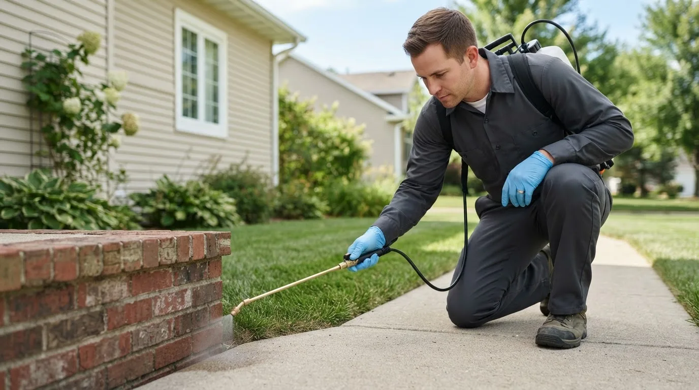 Pest control technician treating a home near Creola, AL